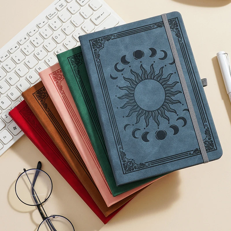 Retro Witchy Moon Cycle Embossed Notebook A5 With Elastic Strap, 200 Pages Lined PU Cover Journal Travel Diary School Notepad