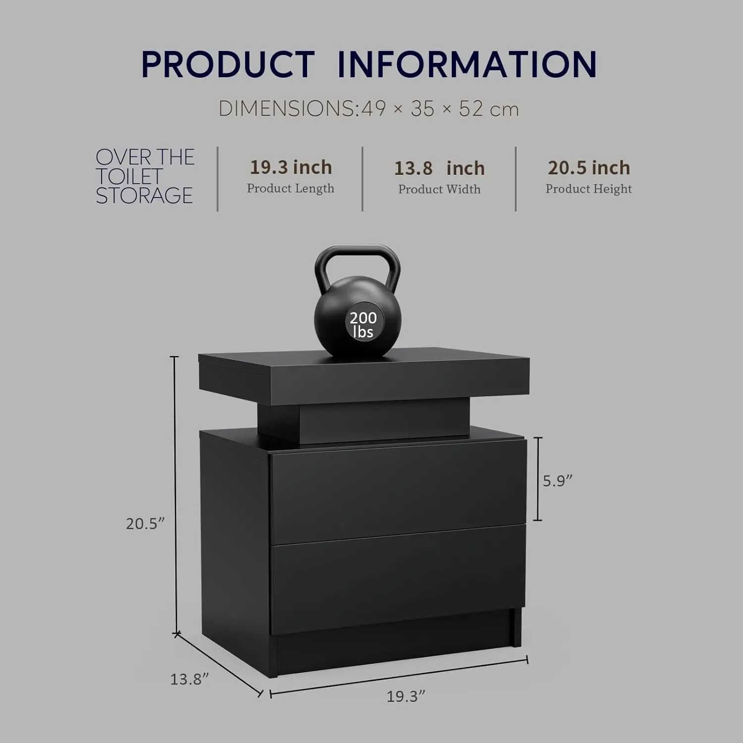 Modern Black Nightstand 2 Drawer LED Bedside Table App-Controlled Adjustable Lights Storage Bedroom, Customized