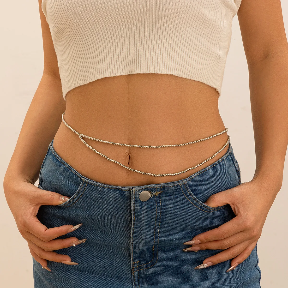 Waist Chain Double Layer Faux Pearl Beads Sexy Versatile for Women Daily Commute Durable Adjustable Silver Tone Alloy