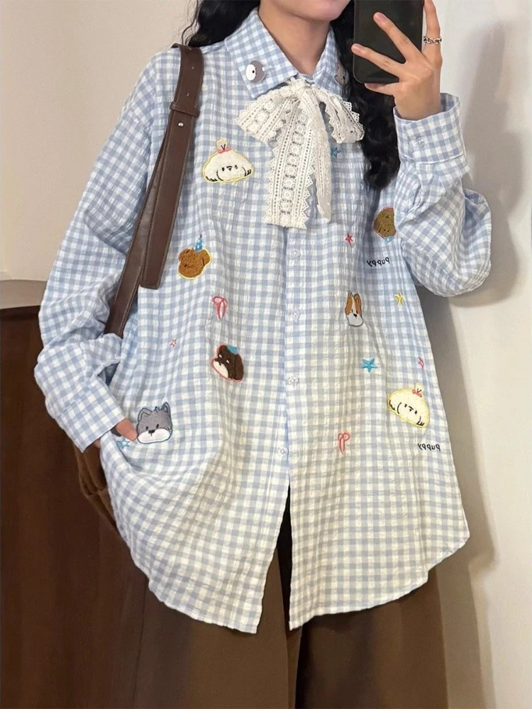 

Preppy Style Blouses Long Sleeve Plaid Cartoon Embroidery Lace Bow Shirts Japanese Cute Tops Design All Match Women's Clothing