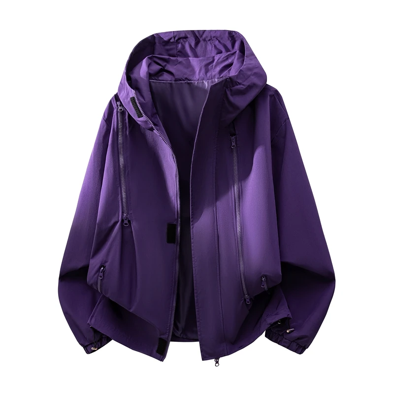 Übergrößen-Damen-Kurzjacke mit Kapuze für Outdoor-Aktivitäten, wasserdicht, winddicht, mit mehreren Reißverschlusstaschen, Klettverschluss-Details, locker geschnitten, für lässiges Wandern. – Detail 6