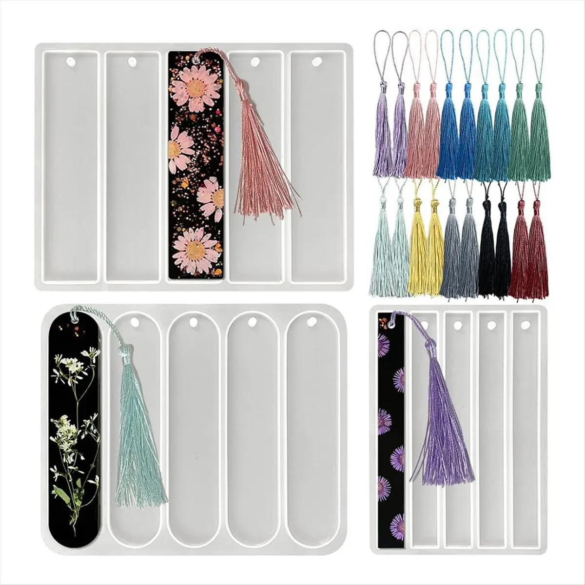 Eco-friendly Set Of 3 Shiny Bookmark Silicone Mold, Bookmark Resin Mold with Tassel, Small Medium Rectangular Bookmark Mold