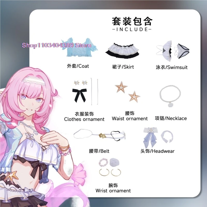 Juego de Anime Honkai Impact 3 Elysia, disfraz de Cosplay, traje de baño de verano, Tops de Bikini, Falda corta para mujer, uniforme Sexy encantador para fiesta de verano