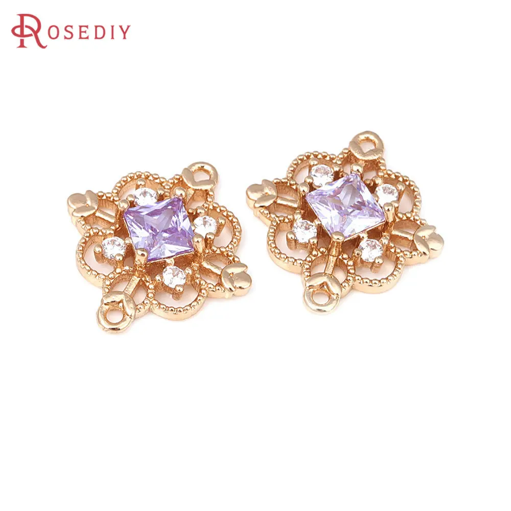 6PCS 18K Gold Color Brass and Zircon 2 Holes Rhombus Connector Charms Pendants High Quality Jewelry Making Diy Accessories