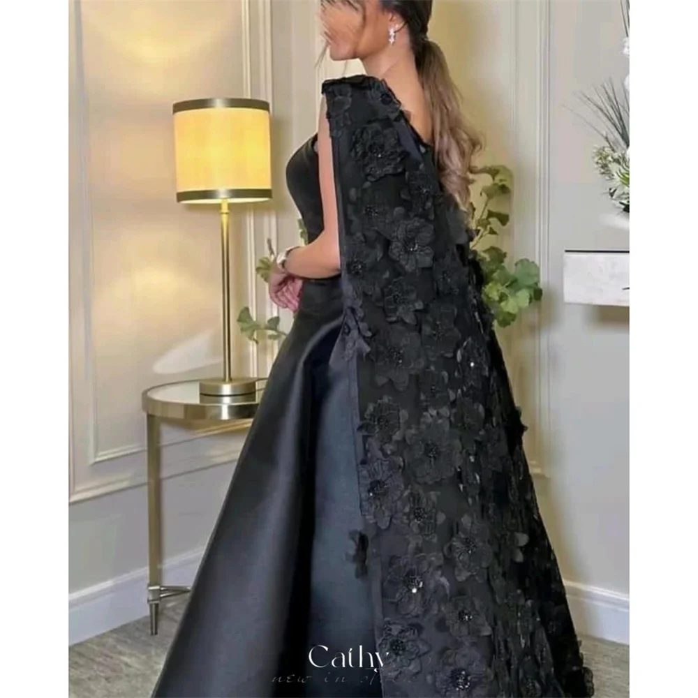 Cathy Black Satin  Wedding Dresses Detachable Shawl Mermaid vestidos de noche Elegant Sleeveless 3D Flowers Formal Evening 2024