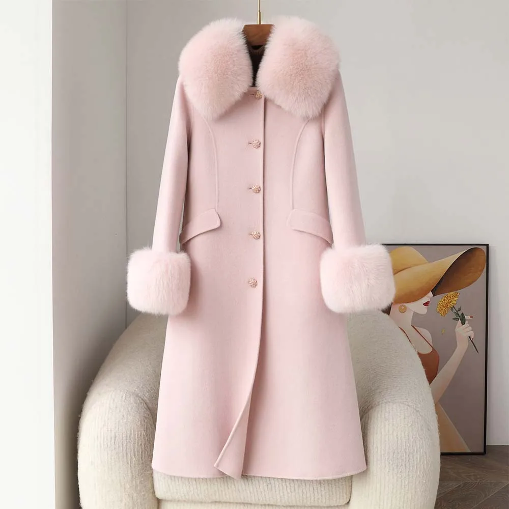 

2025 Autumn/Winter New Cashmere Coat Women Long Fox Fur Collar Fur Coat