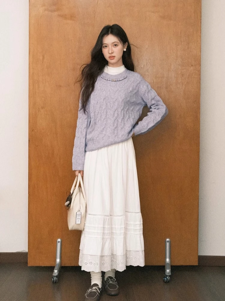 ALXNAN Truien met ronde hals Herfst Gedraaid patroon Kleurrijke kralen Losvallende damestrui Zoete zachte damesgebreide kleding L58901