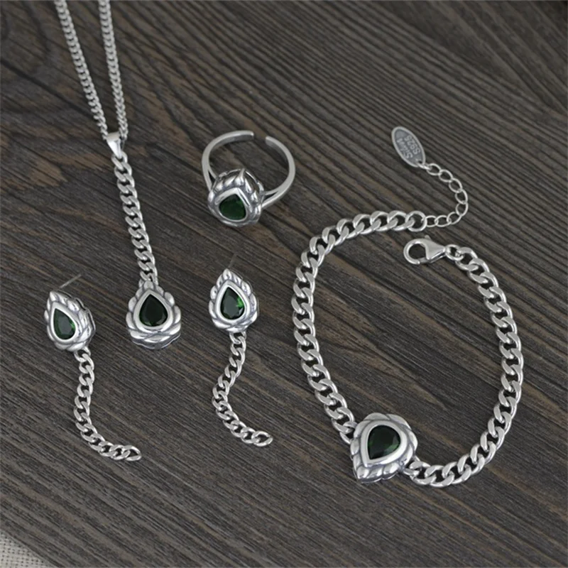 

1Piece Square Water Drop Facet Green Zircons Jewelry Sets for Women 925 Silver Earrings Rings Bracelet Necklaces Chains Tassels