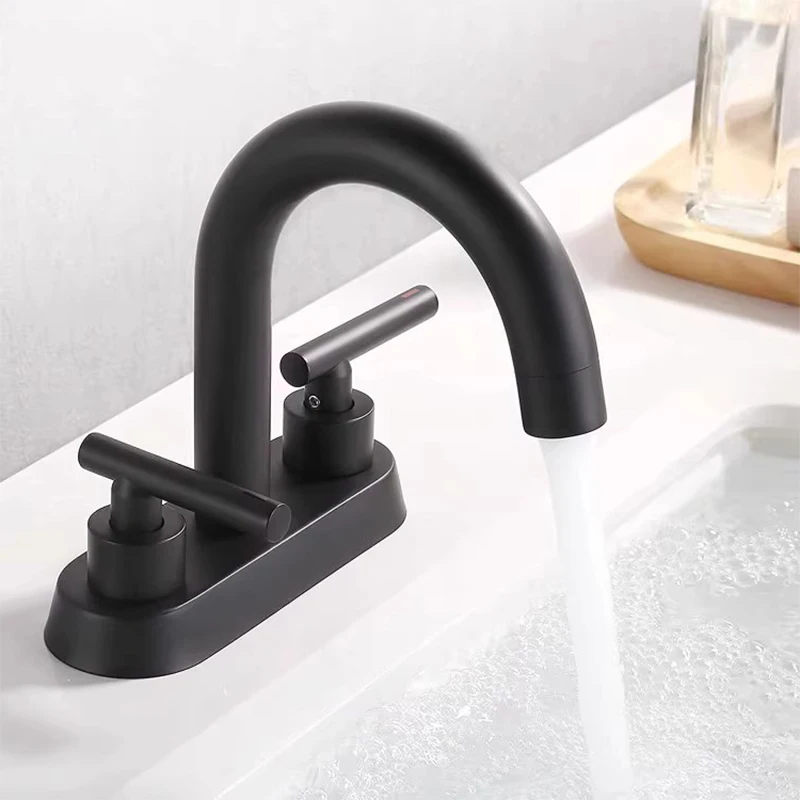 Grifos de lavabo montados en cubierta para baño, mezclador de agua fría y caliente, negro mate, 3 agujeros, doble mango