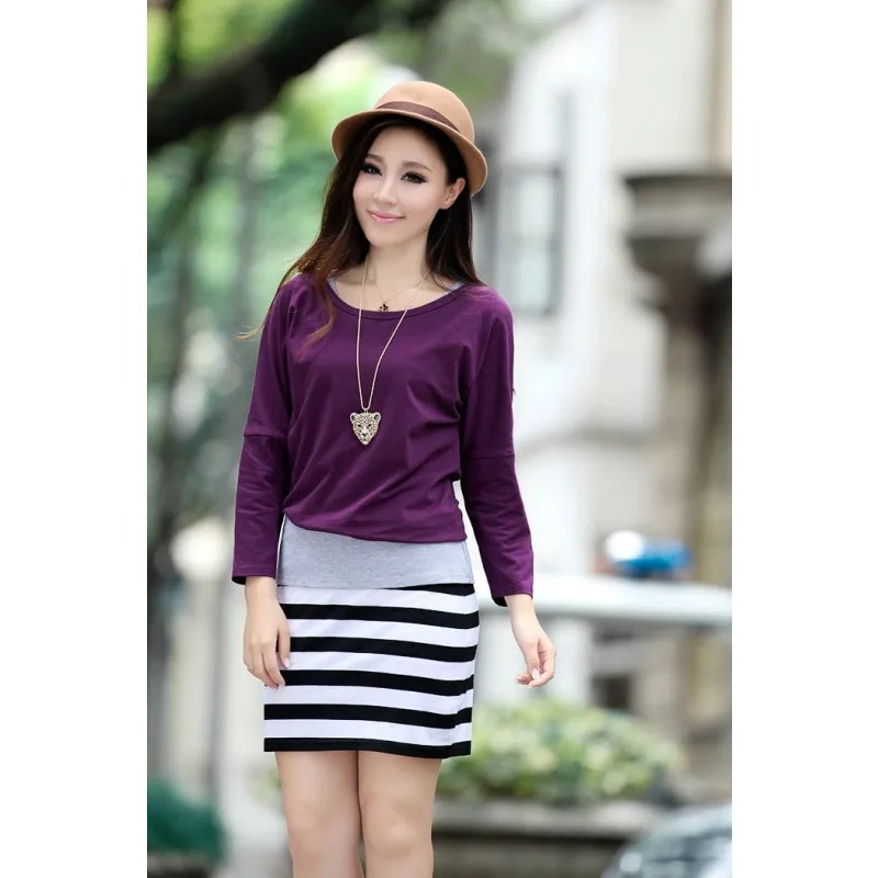 Minivestido feminino primavera em camadas listrado slim manga comprida