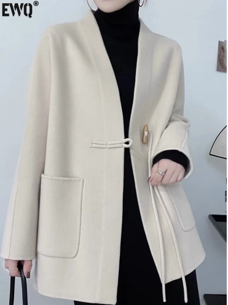 [EWQ] Brown Woolen Coat Black Overcoat  2024 Autumn Winter Lady Outwear Sweet Double-faced Cashmere jacket Thin Autumn 2024 New