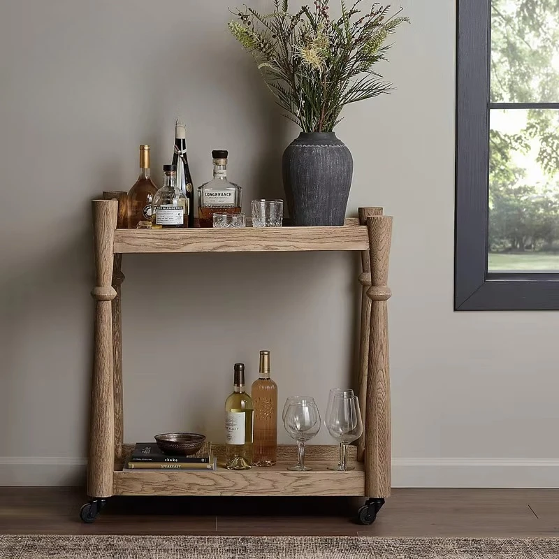 Modern solid wood bar mobile trolley practical kitchen multi-functional food and beverage hand storage cart with casters