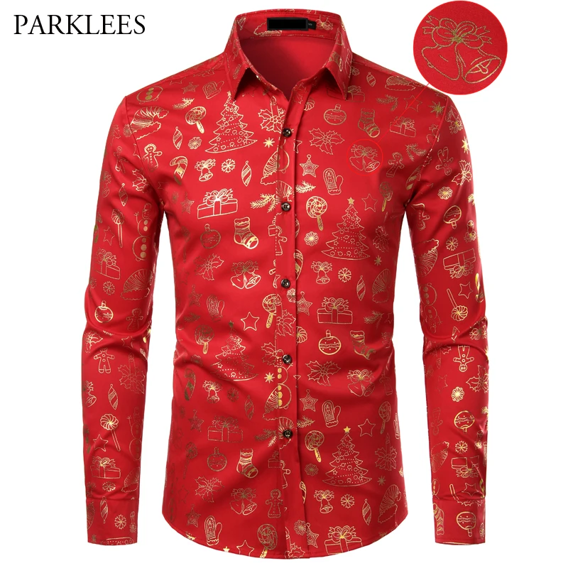 Red Mens Christmas Shirt Casual Slim Fit Xmas Gift Print Mens Dress Shirts Long Sleeve Button Down Chemise Homme Top Blouses XL