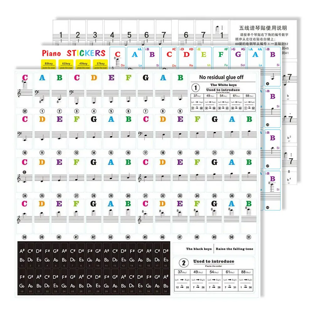 Pegatinas para teclas de piano, etiquetas de notas coloridas extraíbles, accesorios para teclado de piano, partituras integradas para un aprendizaje fácil, 3 uds.