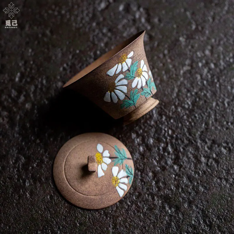 Hand Painted Old Rock Clay Two Piece Gaiwan, Small Rustic Ceramic Lidded Tea Bowl for Loose Leaf Tea and Daily Tea Rituals