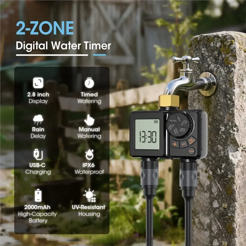Brass Inlet 2 Outlet For Garden Water Timer Rechargeable Programmable Irrigation Sprinkler Timer For Garden-A45M