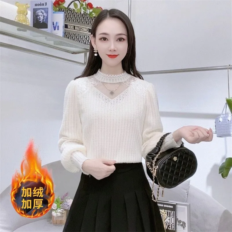 

Thickened Lace Fleece Lined Long Sleeve Women's Base Shirt Autumn Winter New Style Elegant Versatile Warm Fashionable Top TT747