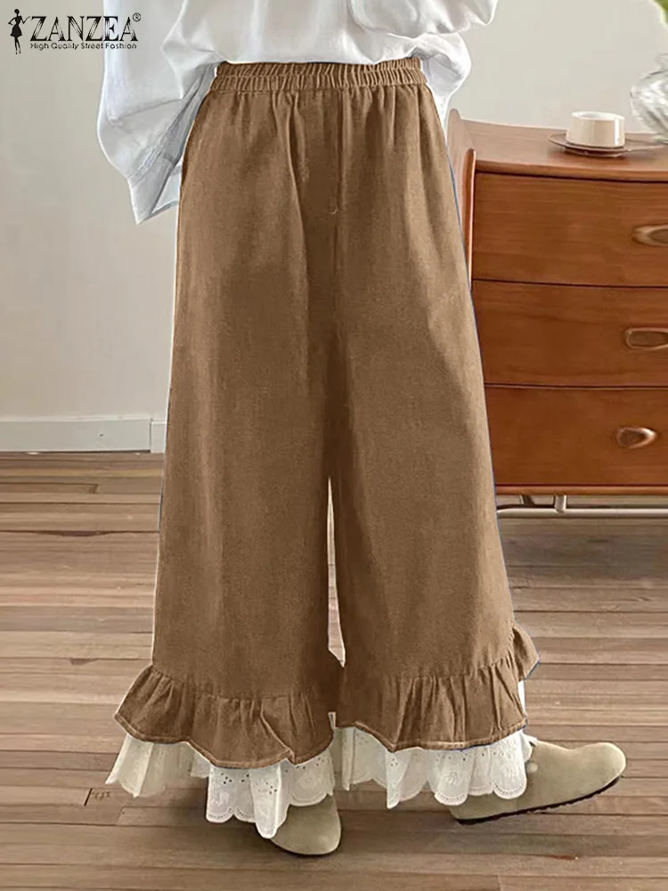 

ZANZEA 2025 Fashion Korean Pocket Pantalones Women Holiday Pants Sweety Ruffled Lace Hem Trouser Casual Loose Elastic Waist PANT