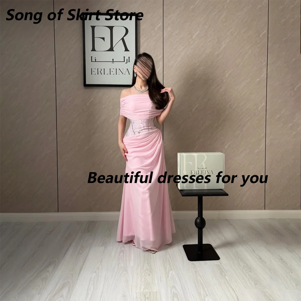 

Elegant Pink Mermaid Evening Dress Customized Off The Shoulder Pleat Chiffon Bead Crystal Luxury Party Dresses Long Prom Gown