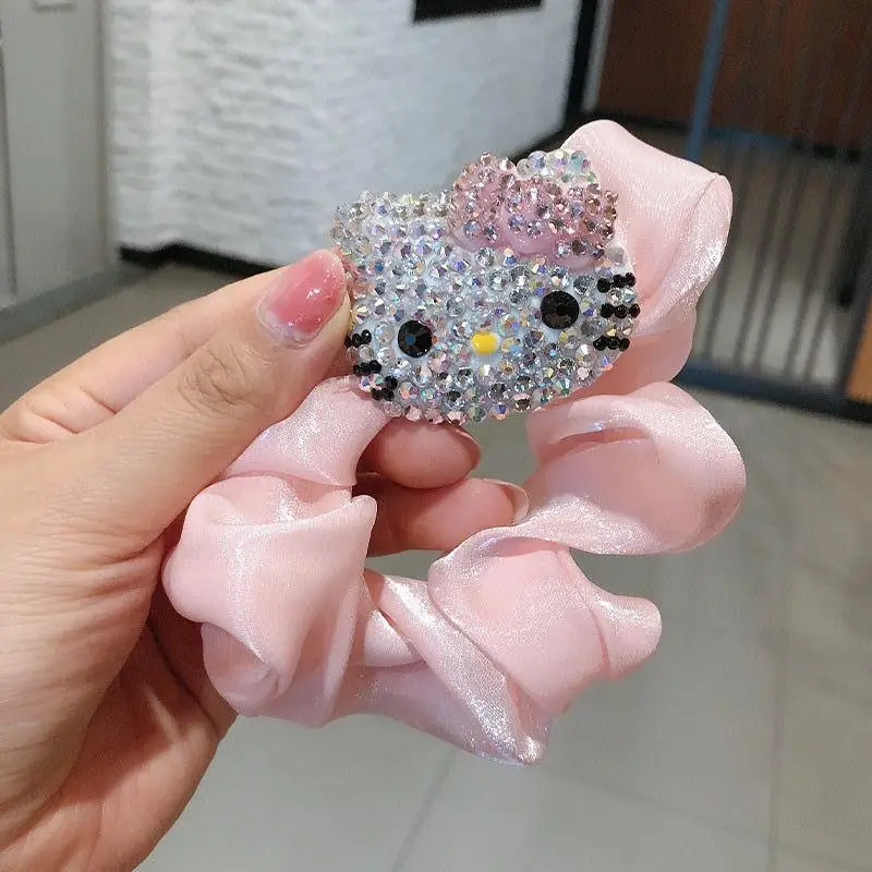 Miniso Hello Kitty Full Diamond Hair Tie Sticky Drill Headband Diamond Kawaii Anime Figure Shine Cute Cartoon Girlfriend Gift