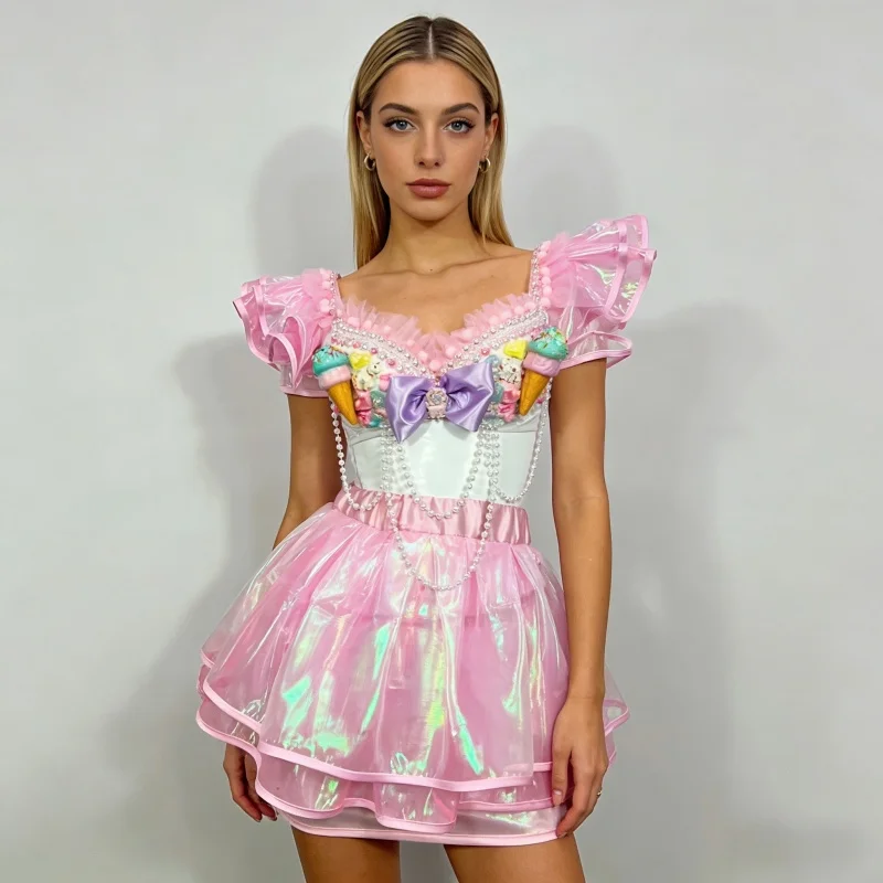 

Women Pink Beading Bikini Mini Skirt Rave Outfit Halloween Festival Party Animal Nightclub Costume Sexy Dance Team Stage Wear