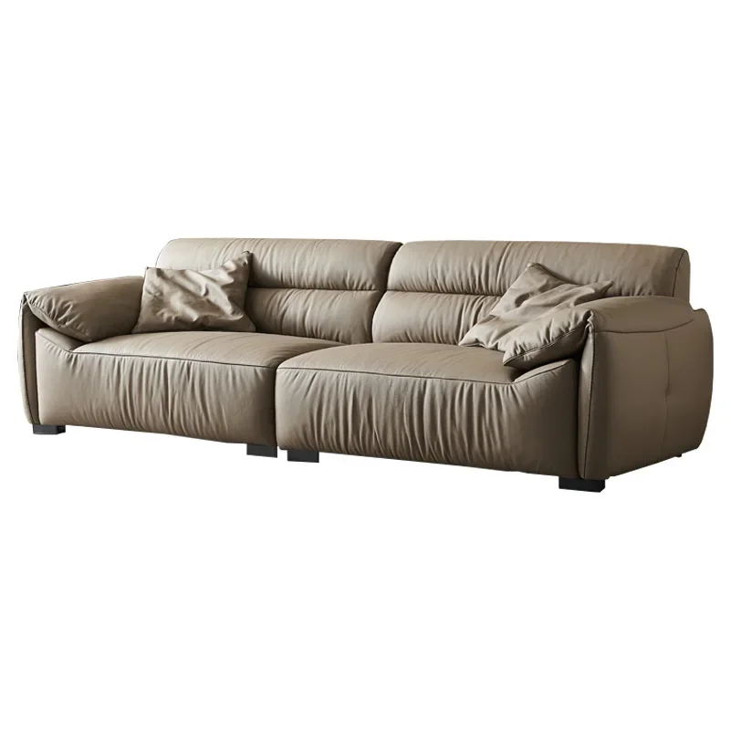 Italian style, minimalist first layer cowhide, elephant ear leather sofa, high backrest straight row three-person sofa