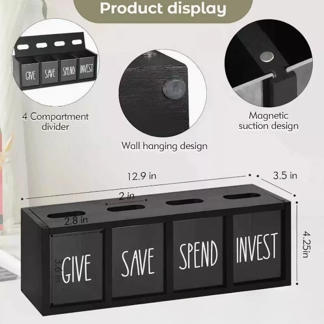 Wall Mount Kid Penny Piggy Bank 4 Grids Wooden Give Save Spend Invest Daily Cash Bill Money Box