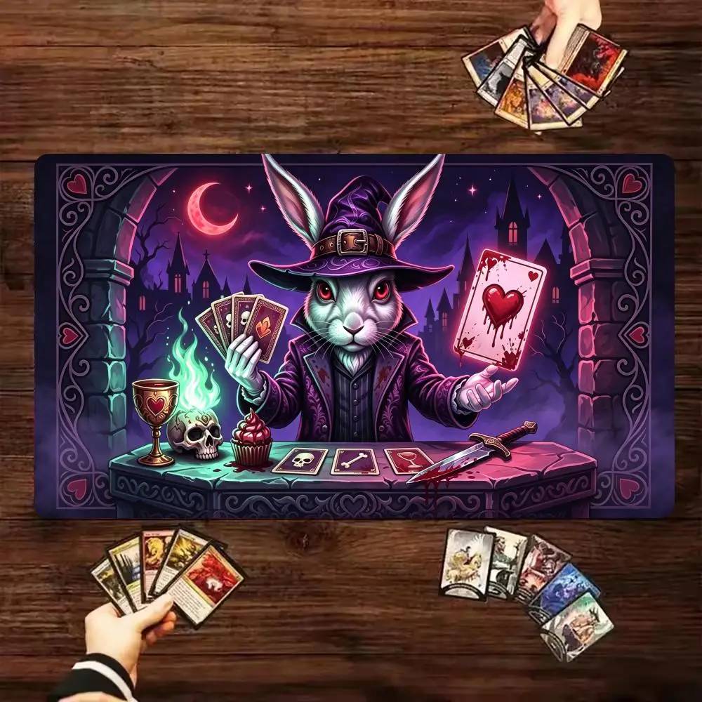 Wizard Bunny TCG Playmat Tarot Crescent Moon Castle Anime Card Game Mat Rubber Play Pad for Magic The Gathering MTG Table Decor