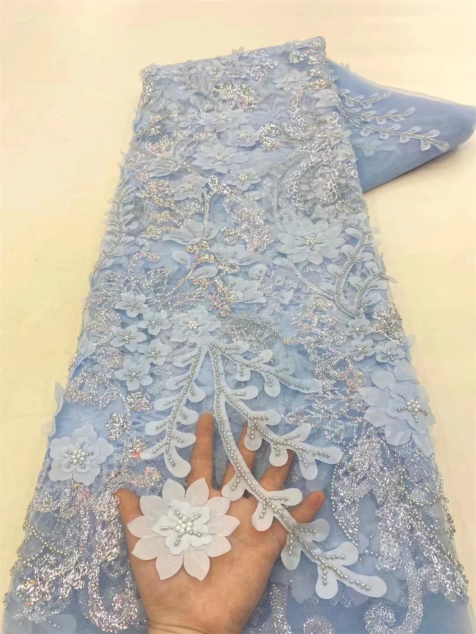 Tela de encaje con cuentas de flores nigerianas en 3D, Material de encaje de malla de lujo para coser vestidos de boda para mujer, tela de encaje con cuentas bordadas africanas