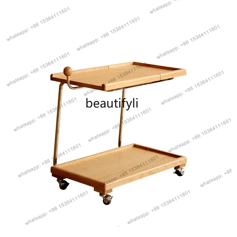 

Nordic solid wood sofa side living room movable trolley storage rack