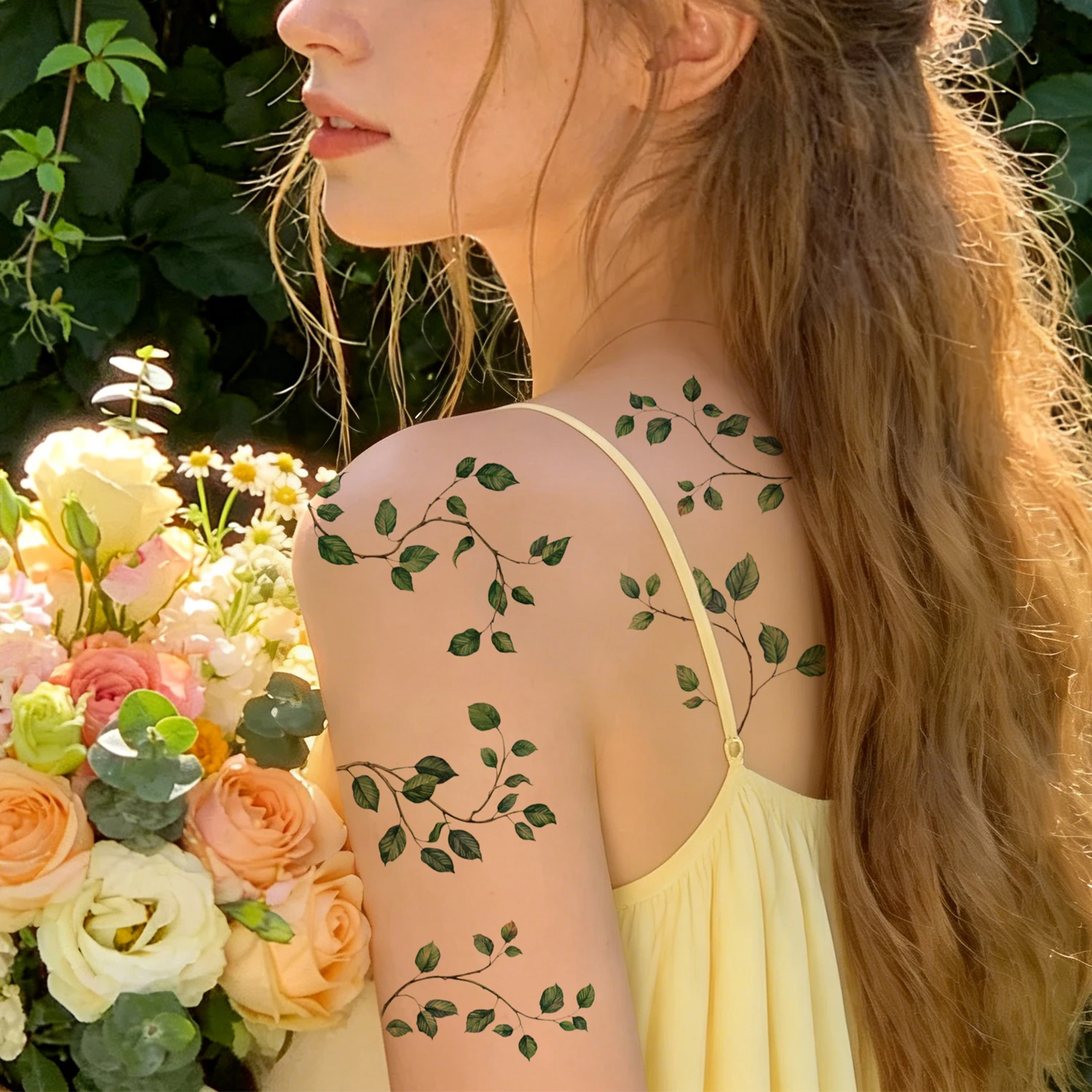 10 Sheets of Large, Fresh-Looking Green Leaf and Vine Plant Temporary Tattoos for Women - Long-Lasting Arm Tattoos, Body Sticker