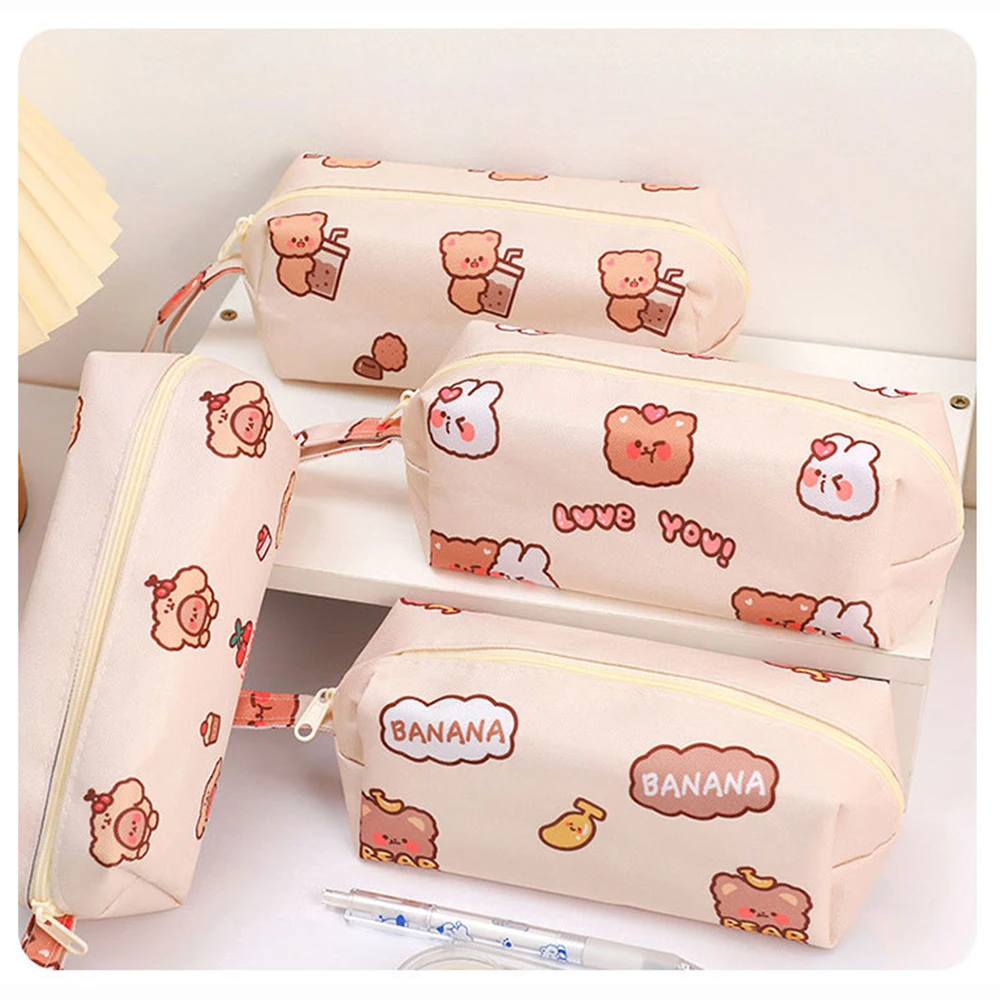 Cartoon Bear Large-capacity Canvas Pencil Case Bag Holder Desktop Stationery Cosmetics Storage Organizing Office School Supplies