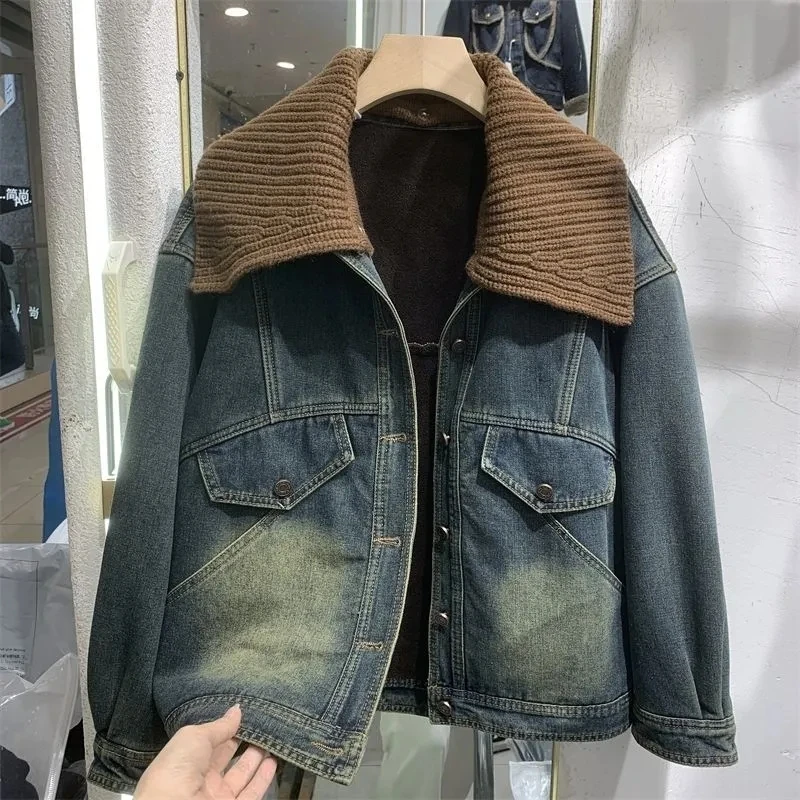 Autumn Winter New Denim Jacket Women Vintage Plus Velvet Padded Cowboy Coat Short Knit Collar Outerwear Female