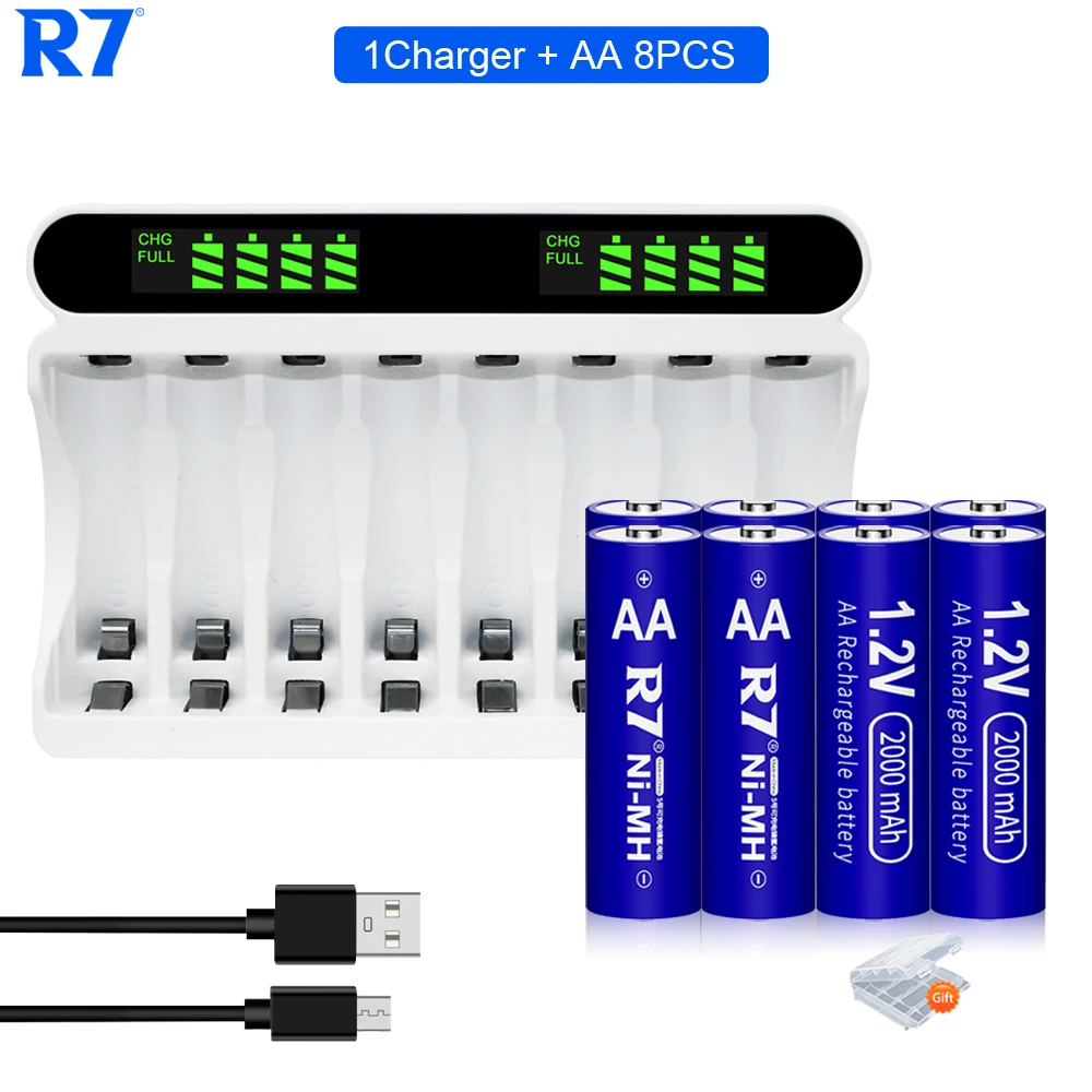 

8Pcs R7 AA nimh 2000mAh 1.2V Rechargeable Battery+1.2V AA AAA Battery Charger 8 Slots Intelligent Fast Charger