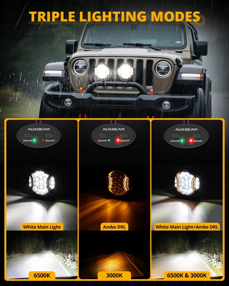 AUXBEAM V-ULTRA SERIES 7 Inch Round LED Driving Lights Amber DRL Daytime Running Light 226W Hyper Spot Beam White Spotlights Pod