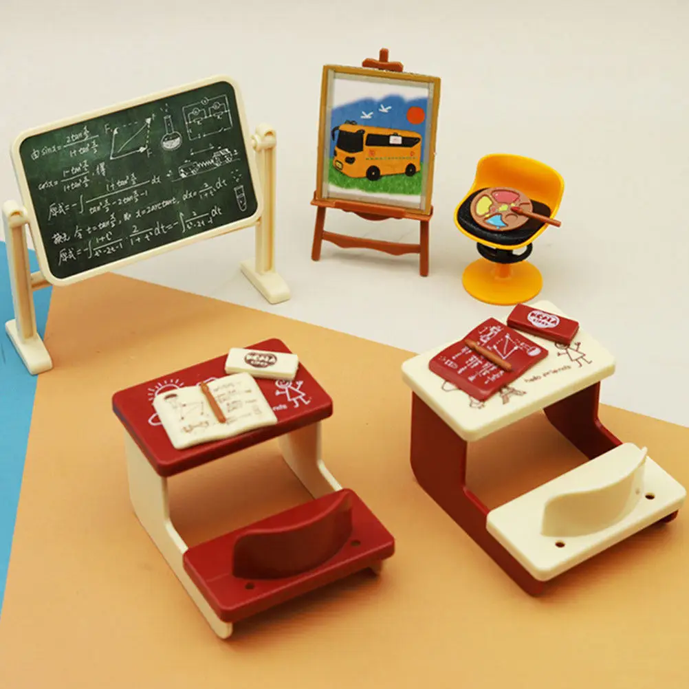 

2Sets Miniature Classroom Supplies for Mini House Decoration Natural Texture Mini Chalkboard Desk Chairs Set Sturdy Smooth