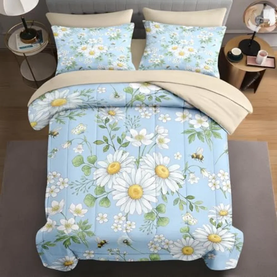 5 Pcs Size Comforter Set with Pillowcase and Sham Wild Bedding for and Adults Botanical Floral Daisies Bed in a Bag with Flat F