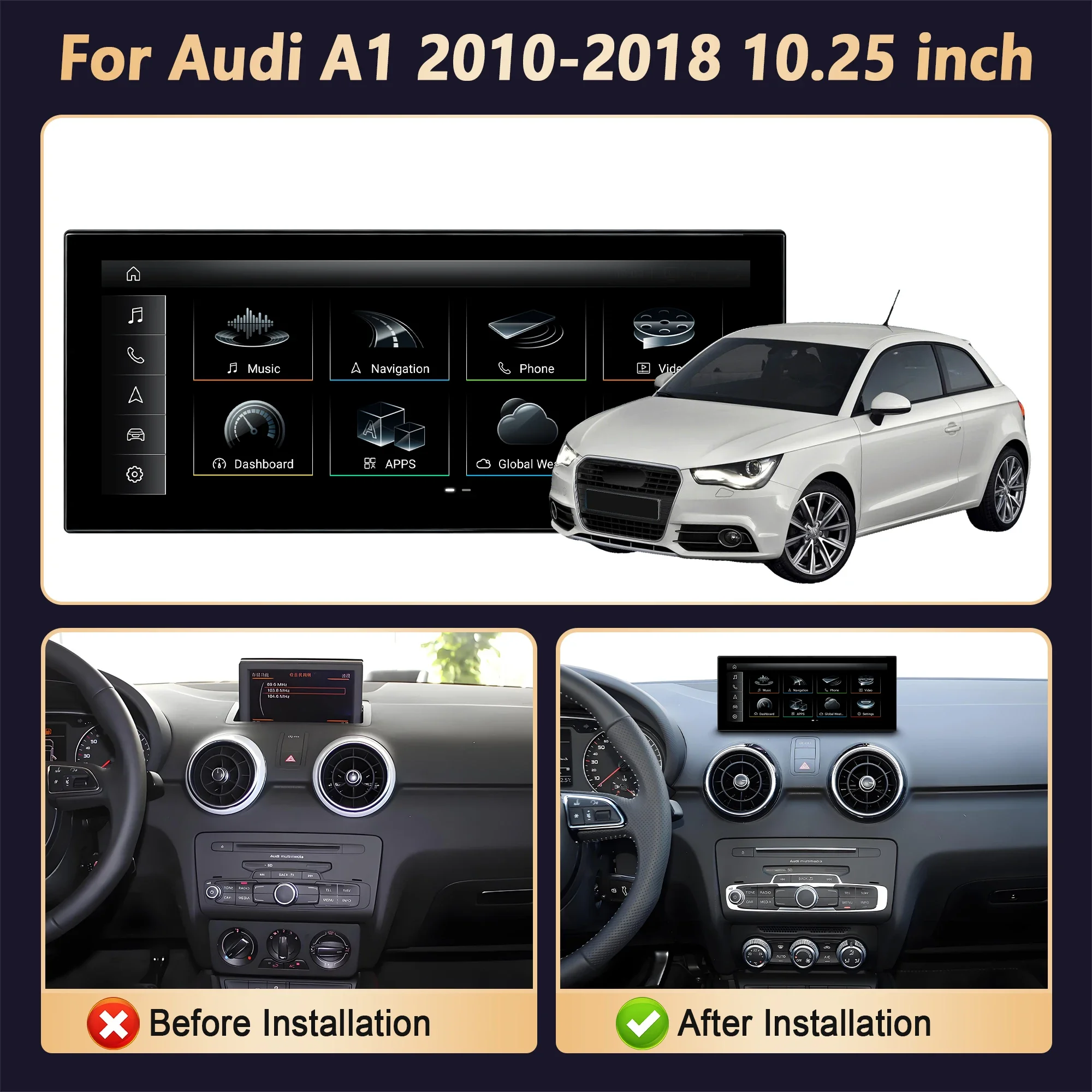 10.25 inch LHD&RHD Android 14 Car Radio GPS For Audi A1 2010-2018 BT Carplay Qualcomm Snapdragon 680 Multimedia Touch Screen