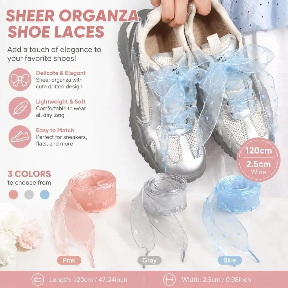 1Pair Transparent Sheer Organza Bow Shoelaces 2.5cm Width 120cm Length Silk Satin Ribbon Shoelaces Chiffon Replacement Laces