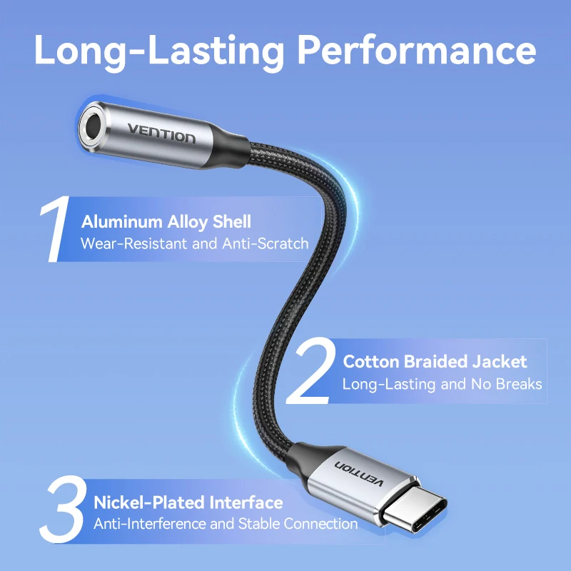 Vention USB Type C to 3.5mm DAC Chip Earphone Adapter USB C to 3.5 Aux Cable for PC for iPhone 16 Pro Max Macbook Samsung Galaxy
