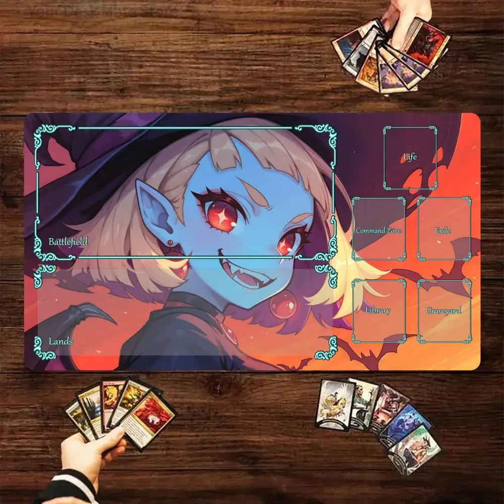Halloween Anime Witch Pumpkin TCG Playmat Waterproof Non Slip Zone Layout Desk Mat Unique Gift for Card Gamers