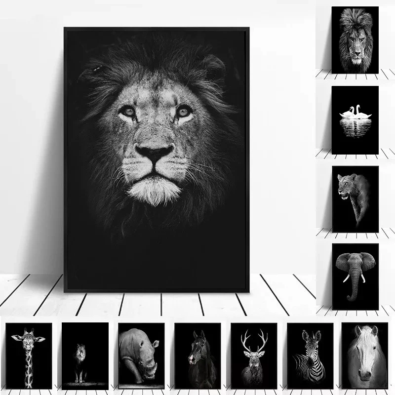 Pintura en lienzo, arte de pared de animales, póster de león, elefante, hipopótamo, cebra y foto minimalista moderna para pared, decoración para sala de estar y dormitorio