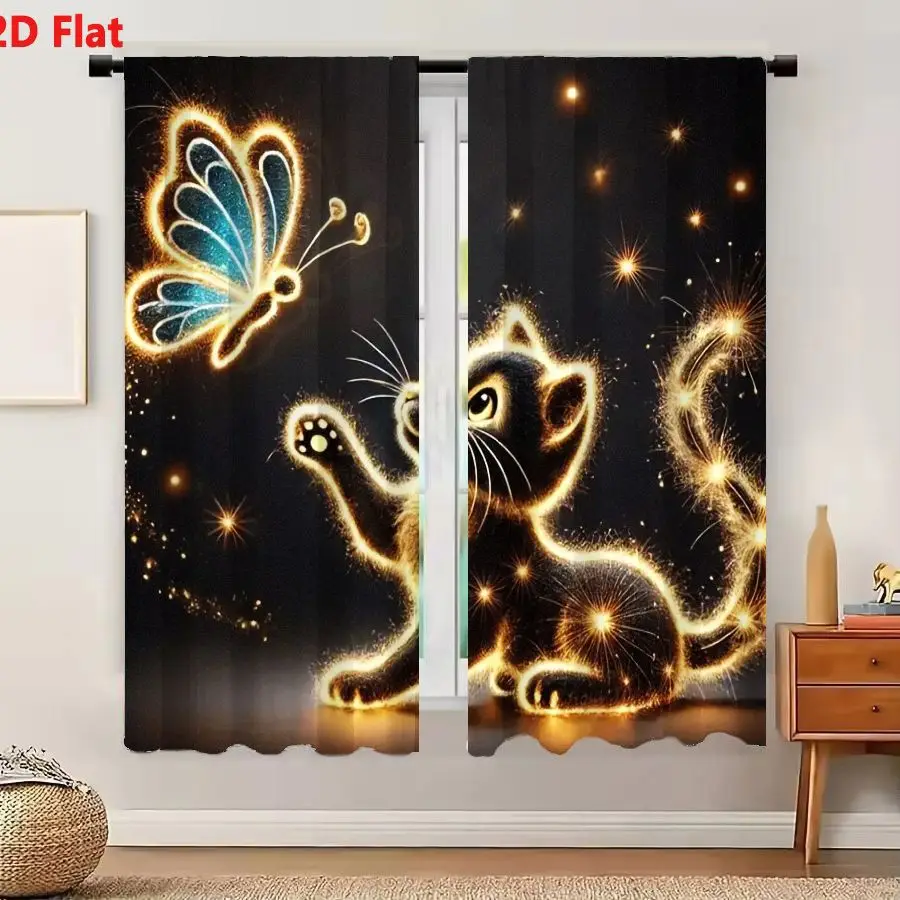 2Pcs Curtains 2D Flat Magical Glowing Black Cat And Butterfly Illustration With Golden Sparkles On Dark Background Window Drapes