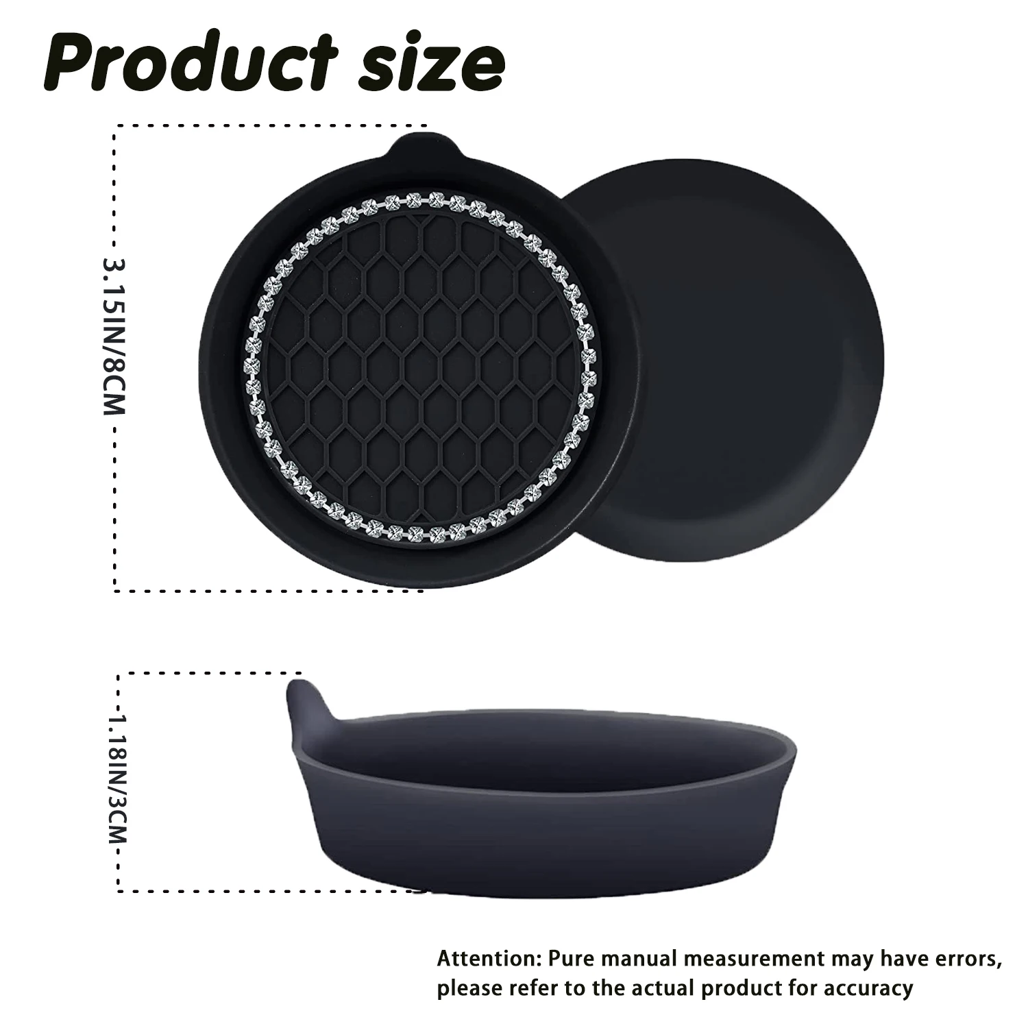 8cm Black Soft Silicone Car Bling Rhinestone Cup Coaster Anti-Slip Round Cup Holder Waterproof Car Interior Accessories 2Pcs