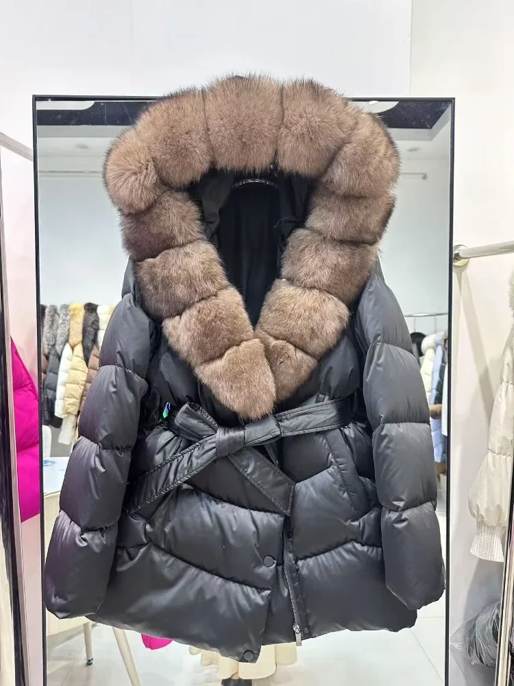 2025 여성 겨울 90% 거위털 재킷 두꺼운 따뜻한 여성 파카 방수 럭셔리 대형 천연 은여우털 후드