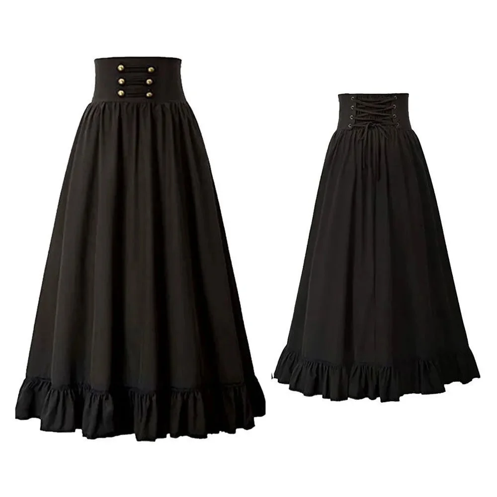 Vintage Renaissance Pleated Maxi Corset Button Skirt Women A Line Costume Victoria High Waist Gown Big Swing Floor Ruffle Skirt