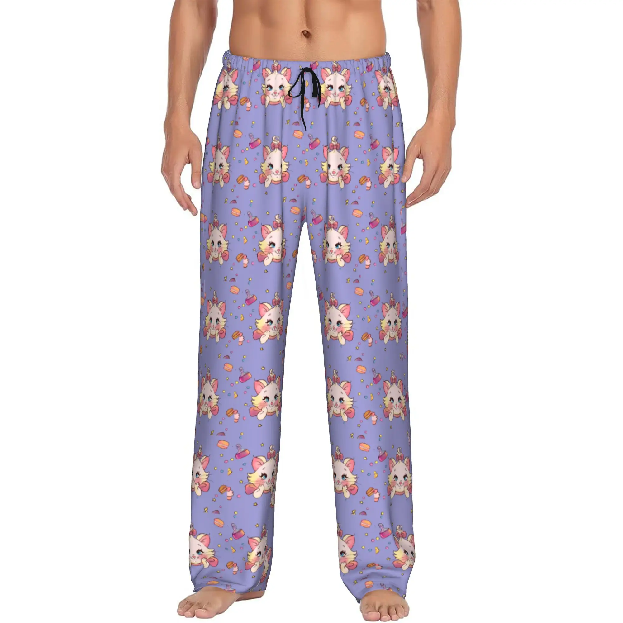 Custom Men M-Marie Cat Cartoon Pajama Pants Print  Sleep Sleepwear Bottoms with Pockets
