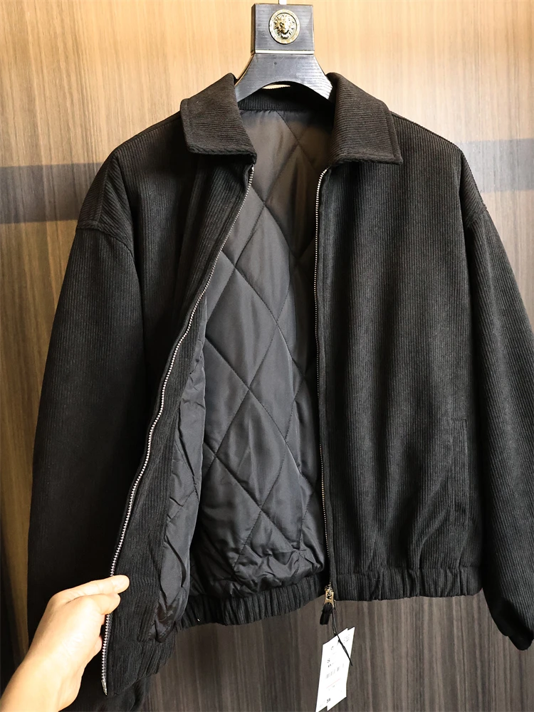 

Retro Waed Corduroy Men's Pure Color Bunting Cotton Warm Collar Jaet Faionable Urban Sle Winter Outerwear Coat