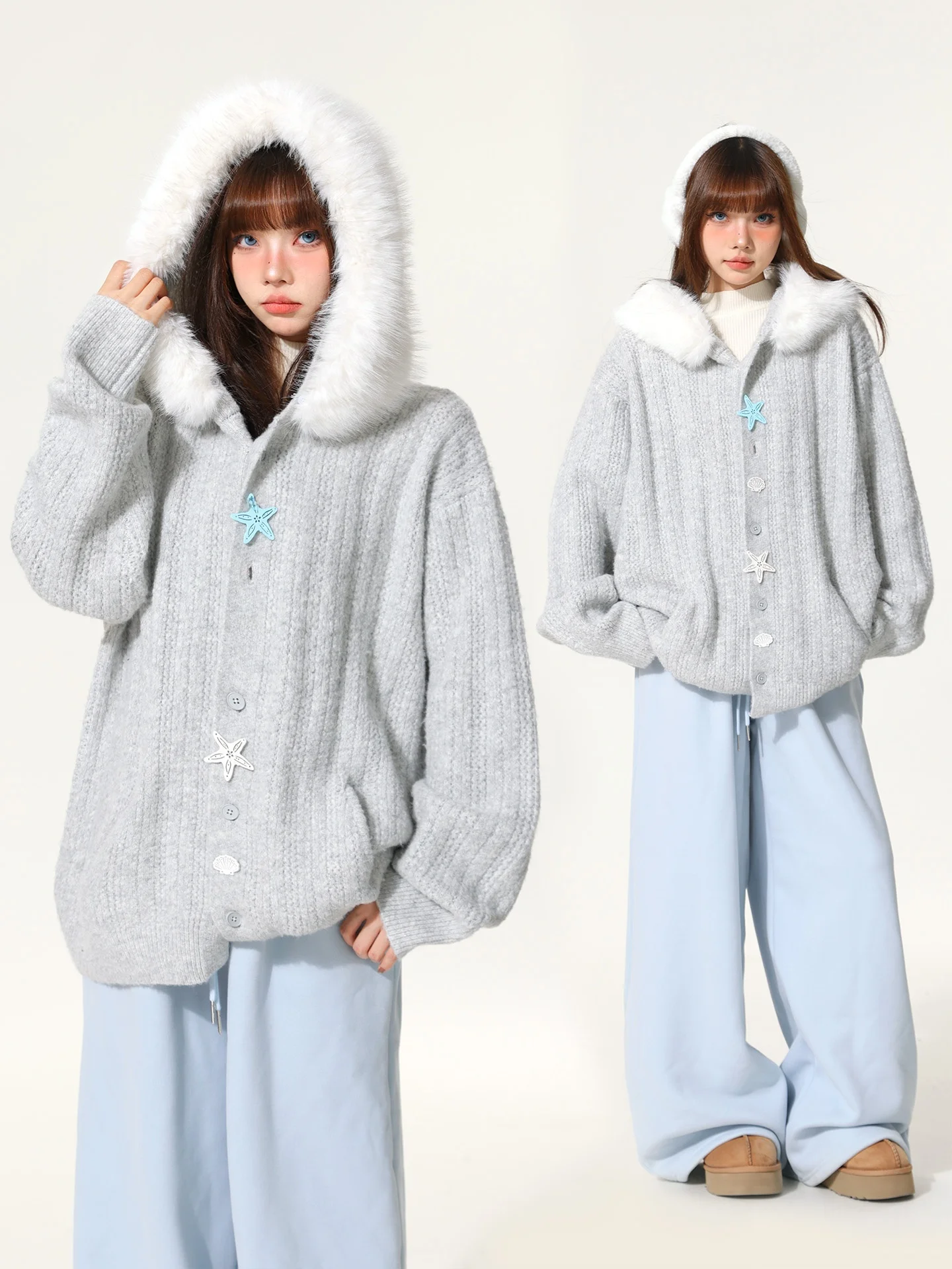 

Стильный вязаный кардиган свободного кроя для женщин с меховым воротником, из полиэстера и нейлона, зимняя новинка