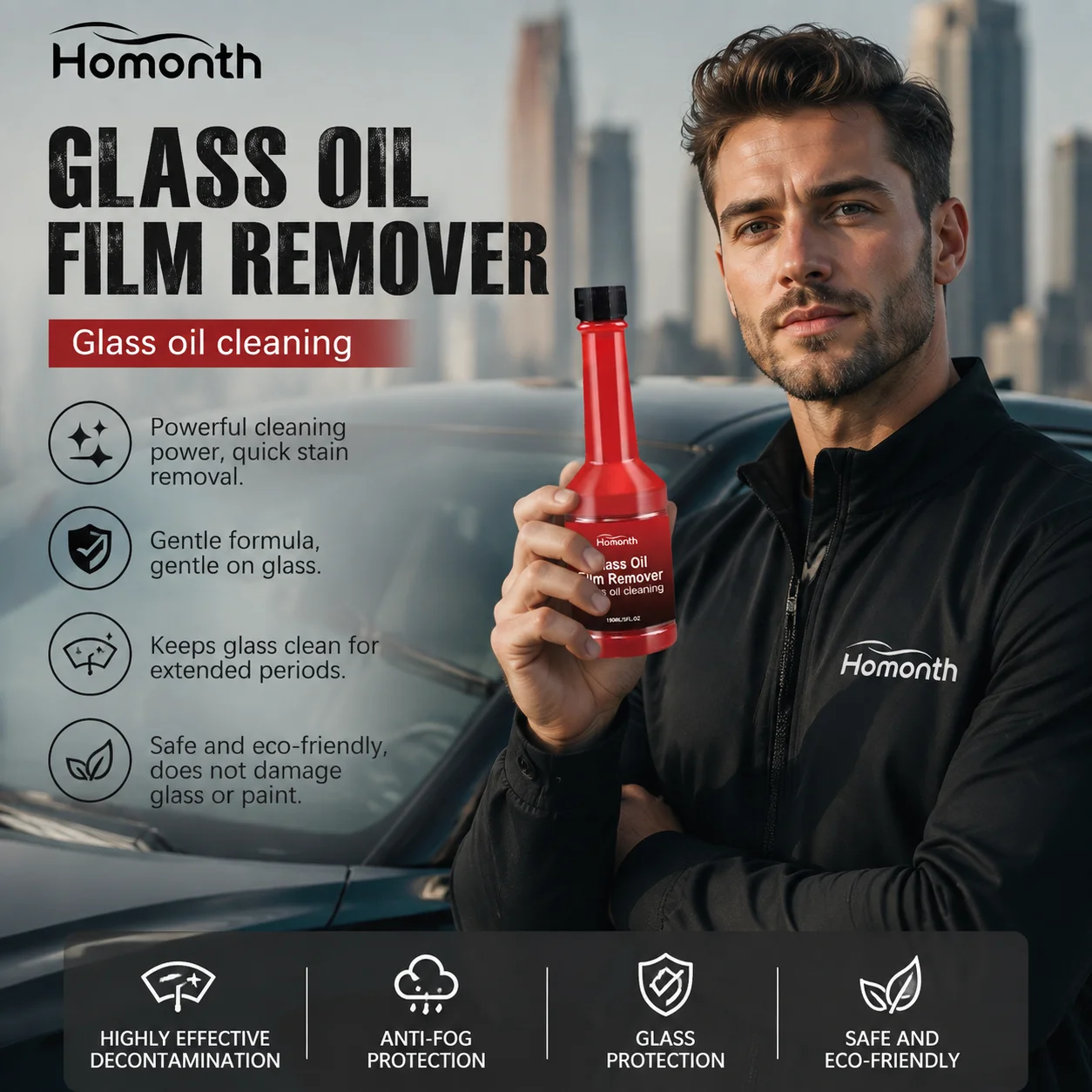 Homonth Glass Oil Film Remover Remove Stubborn Oil Film Improve Driving Visibility Anti‑Fog Protection Car Glass Cleaner 150ml